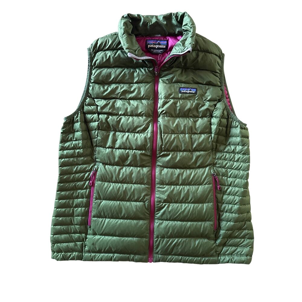 Patagonia Womens XL Green Down Filled Puffer Vest Pink Lining Full Zip